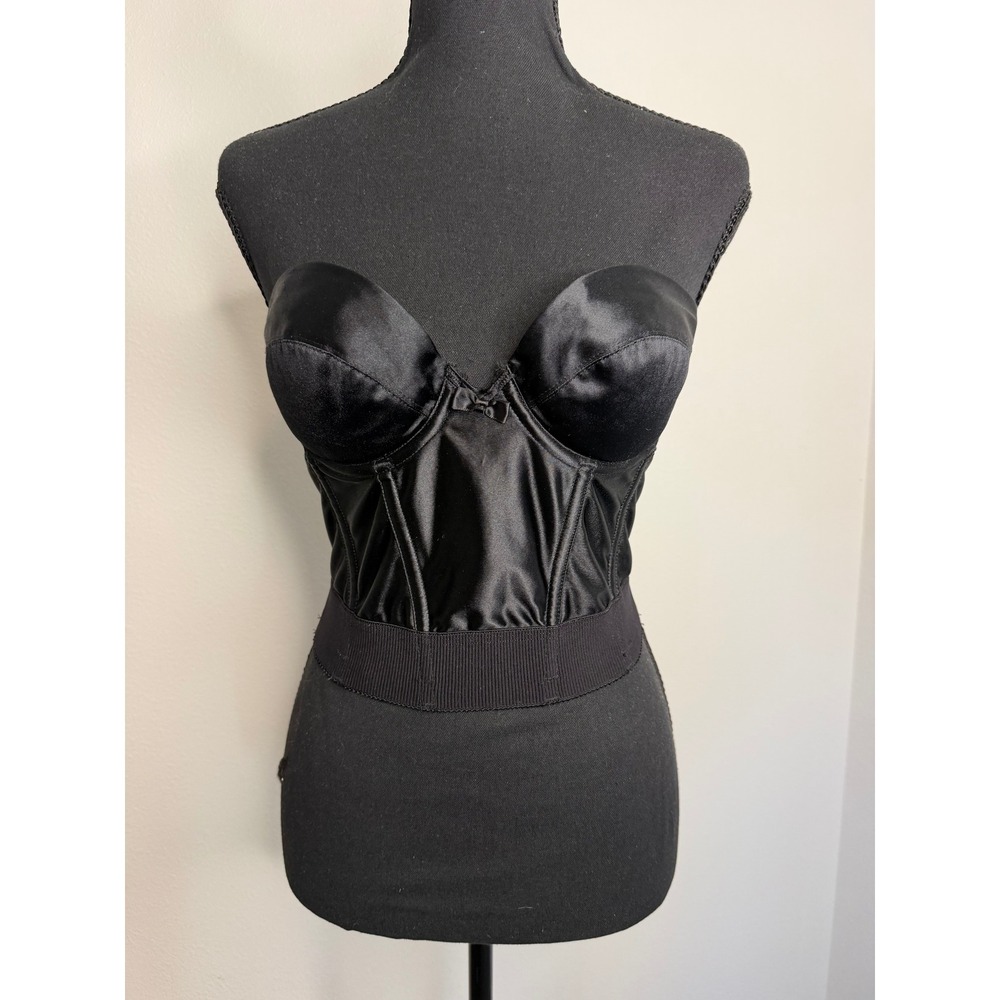 Wonderbra 7554 Black Satin Strapless Longline Corset Bra 36A Underwire Low Back